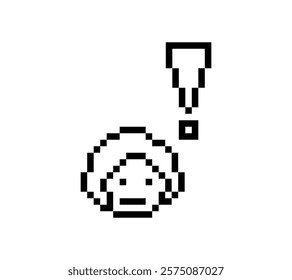 Cute pixel cartoon character man notice with exclamation mark decoration 8 bit male boy surprise idea exclamation alert cartoon pixel game 8bit vector.