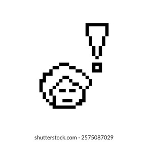 Cute pixel cartoon character man notice with exclamation mark decoration 8 bit male boy surprise idea exclamation alert cartoon pixel game 8bit vector.