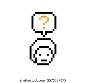 Cute pixel cartoon character man with question mark decoration 8 bit male boy confused idea question mark think choose cartoon pixel game 8bit vector.