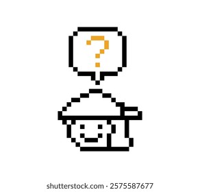 Cute pixel cartoon character man with question mark decoration 8 bit male boy confused idea question mark think choose cartoon pixel game 8bit vector.