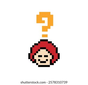 Cute pixel cartoon character man with question mark decoration 8 bit male boy confused idea question mark quiz questionnaire choose cartoon pixel game 8bit vector.