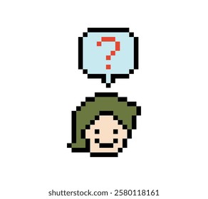 Cute pixel cartoon character man with question mark decoration 8 bit male boy confused idea question mark think questionnaire choose cartoon pixel game 8bit vector.