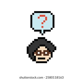 Cute pixel cartoon character man with question mark decoration 8 bit male boy confused idea question mark think questionnaire choose cartoon pixel game 8bit vector.