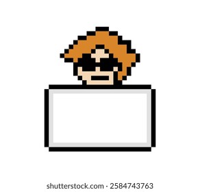 Cute pixel cartoon character man hold frame banner sign board blank decoration 8 bit male with blank space sign banner pixel game vector.
