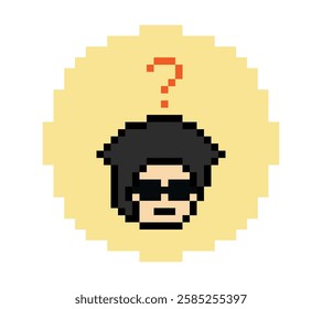 Cute pixel cartoon character man with question mark decoration 8 bit male boy confused idea question mark quiz questionnaire choose cartoon pixel game 8bit vector.