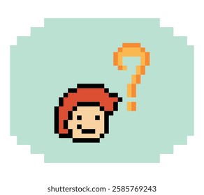 Cute pixel cartoon character man with question mark decoration 8 bit male boy confused idea question mark quiz questionnaire choose cartoon pixel game 8bit vector.