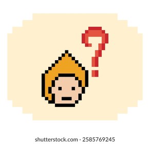 Cute pixel cartoon character man with question mark decoration 8 bit male boy confused idea question mark quiz questionnaire choose cartoon pixel game 8bit vector.