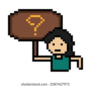 Cute pixel cartoon character man with question mark decoration 8 bit male boy confused idea question mark quiz questionnaire choose cartoon pixel game 8bit png vector.
