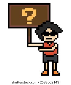 Cute pixel cartoon character man with question mark decoration 8 bit male boy confused idea question mark quiz questionnaire choose cartoon pixel game 8bit vector.