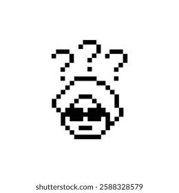 Cute pixel cartoon character man with question mark decoration 8 bit male boy confused idea question mark quiz questionnaire choose cartoon pixel game 8bit vector.