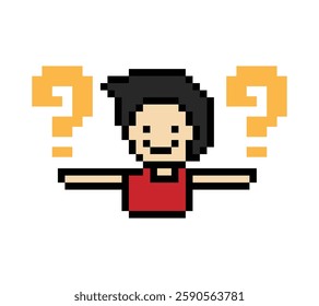 Cute pixel cartoon character man with question mark decoration 8 bit male boy confused idea question mark quiz questionnaire choose cartoon pixel game 8bit vector.
