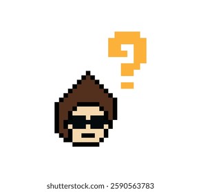 Cute pixel cartoon character man with question mark decoration 8 bit male boy confused idea question mark quiz questionnaire choose cartoon pixel game 8bit vector.
