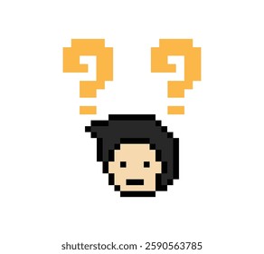 Cute pixel cartoon character man with question mark decoration 8 bit male boy confused idea question mark quiz questionnaire choose cartoon pixel game 8bit vector.