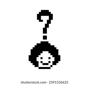 Cute pixel cartoon character man with question mark decoration 8 bit male boy confused idea question mark quiz questionnaire choose cartoon pixel game 8bit vector.