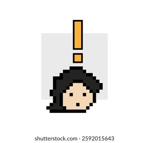 Cute pixel cartoon character man notice with exclamation mark decoration 8 bit male boy surprise idea exclamation alert cartoon pixel video game 8bit vector.