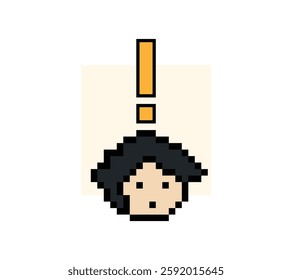 Cute pixel cartoon character man notice with exclamation mark decoration 8 bit male boy surprise idea exclamation alert cartoon pixel video game 8bit vector.