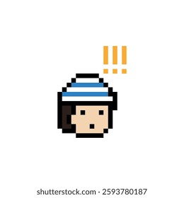 Cute pixel cartoon character man notice with exclamation mark decoration 8 bit male boy surprise idea exclamation alert cartoon pixel video game 8bit vector.