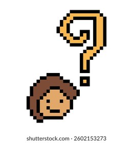 Cute pixel cartoon character man with question mark decoration 8 bit male boy confused idea question mark quiz questionnaire choose cartoon pixel game 8bit vector.