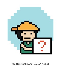 Cute pixel cartoon character man with question mark decoration 8 bit male boy confused idea question mark quiz questionnaire choose cartoon pixel game 8bit vector.