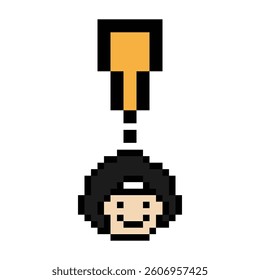 Cute pixel cartoon character man notice with exclamation mark decoration 8 bit male boy surprise idea exclamation alert cartoon pixel video game 8bit vector.