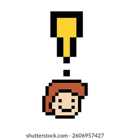 Cute pixel cartoon character man notice with exclamation mark decoration 8 bit male boy surprise idea exclamation alert cartoon pixel video game 8bit vector.