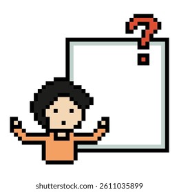 Cute pixel cartoon character man with question mark decoration 8 bit male boy confused idea question mark quiz questionnaire choose cartoon pixel game 8bit vector.