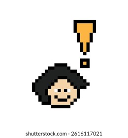 Cute pixel cartoon character man notice with exclamation mark decoration 8 bit male boy surprise idea exclamation alert cartoon pixel video game 8bit vector.