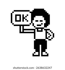 Cute pixel cartoon character man say chat feedback Ok accept okay approve decoration 8 bit male boy man talk good accept OK okay pixel game vector.