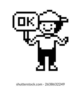 Cute pixel cartoon character man say chat feedback Ok accept okay approve decoration 8 bit male boy man talk good accept OK okay pixel game vector.