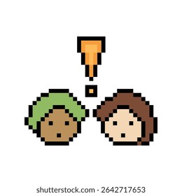 Cute pixel cartoon character man notice with exclamation mark decoration 8 bit male boy surprise idea exclamation alert cartoon pixel video game 8bit vector.