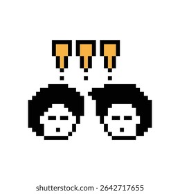 Cute pixel cartoon character man notice with exclamation mark decoration 8 bit male boy surprise idea exclamation alert cartoon pixel video game 8bit vector.