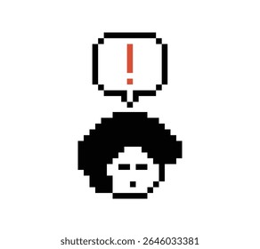 Cute pixel cartoon character man notice with exclamation mark decoration 8 bit male boy surprise idea exclamation alert cartoon pixel video game 8bit vector.