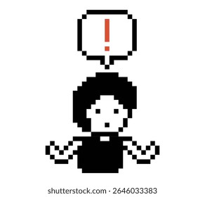 Cute pixel cartoon character man notice with exclamation mark decoration 8 bit male boy surprise idea exclamation alert cartoon pixel video game 8bit vector.