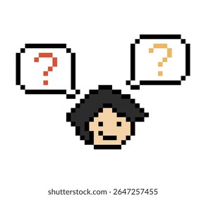 Homem de personagem de desenho animado de pixel bonito com ponto de interrogação decoração 8 bit masculino menino confuso ideia questionário questionário escolher desenho de pixel jogo vetor de 8bit.