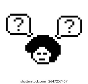 Homem de personagem de desenho animado de pixel bonito com ponto de interrogação decoração 8 bit masculino menino confuso ideia questionário questionário escolher desenho de pixel jogo vetor de 8bit.