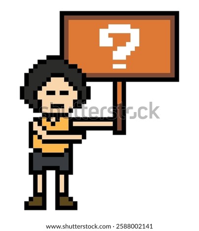 Cute pixel cartoon character man with question mark decoration 8 bit male boy confused idea question mark quiz questionnaire choose cartoon pixel game 8bit vector.