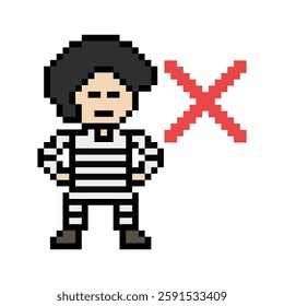 Cute pixel cartoon character prisoner man in jail prison uniform decoration crime prisoner man in prison 8 bit cartoon pixel robber 8bit vector.