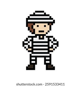 Cute pixel cartoon character prisoner man in jail prison uniform decoration crime prisoner man in prison 8 bit cartoon pixel robber 8bit vector.