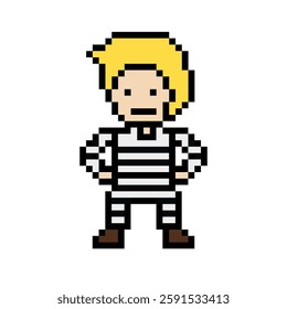 Cute pixel cartoon character prisoner man in jail prison uniform decoration crime prisoner man in prison 8 bit cartoon pixel robber 8bit vector.