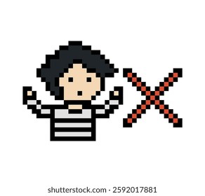 Cute pixel cartoon character prisoner man in jail prison uniform decoration crime prisoner man in prison 8 bit cartoon pixel robber 8bit vector.