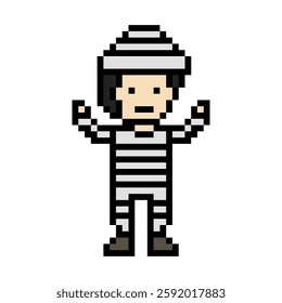 Cute pixel cartoon character prisoner man in jail prison uniform decoration crime prisoner man in prison 8 bit cartoon pixel robber 8bit vector.