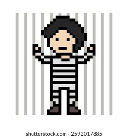 Cute pixel cartoon character prisoner man in jail prison uniform decoration crime prisoner man in prison 8 bit cartoon pixel robber 8bit vector.