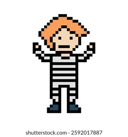 Cute pixel cartoon character prisoner man in jail prison uniform decoration crime prisoner man in prison 8 bit cartoon pixel robber 8bit vector.