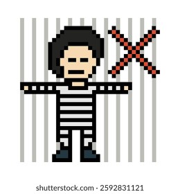 Cute pixel cartoon character prisoner man in jail prison uniform decoration crime prisoner man in prison 8 bit cartoon pixel robber 8bit vector.