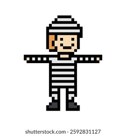 Cute pixel cartoon character prisoner man in jail prison uniform decoration crime prisoner man in prison 8 bit cartoon pixel robber 8bit vector.