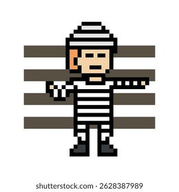 Personagem bonito pixel cartoon prisioneiro homem na prisão uniforme masculino menino decoração crime prisioneiro homem na prisão 8 bits desenho animado pixel robber vetor 8bit.