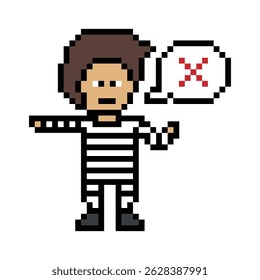 Personagem bonito pixel cartoon prisioneiro homem na prisão uniforme masculino menino decoração crime prisioneiro homem na prisão 8 bits desenho animado pixel robber vetor 8bit.