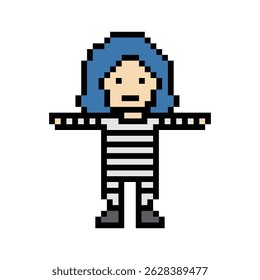 Personagem bonito pixel cartoon prisioneiro mulher na prisão uniforme feminino mulher crime decoração prisioneiro mulher na prisão 8 bits desenho animado pixel robber vetor 8bit.