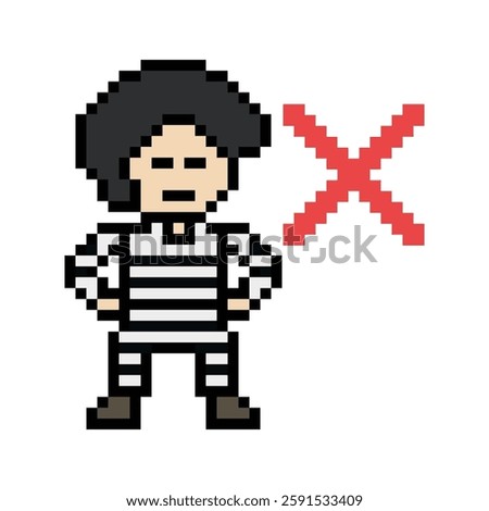 Cute pixel cartoon character prisoner man in jail prison uniform decoration crime prisoner man in prison 8 bit cartoon pixel robber 8bit vector.