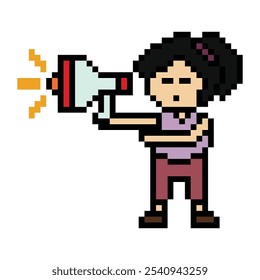 Cute pixel cartoon character woman with megaphone announcement speaker information announce decoration 8 bit female girl lady megaphone cartoon pixel game vector.